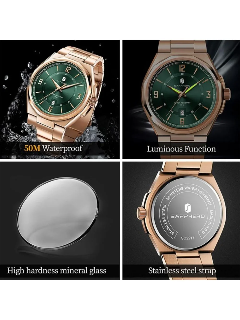 Men's Rose Gold/Green Numeral Dial Stainless Steel Strap Analog Quartz Watch